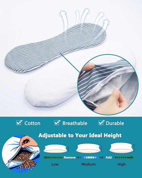 Ergonomic Contour Buckwheat Pillow, Adjustable Buckwheat Hulls Neck Support Pillows for Pain Stiffness, Bone Pillow with Breathable Washable Cover, 19.6x7.8, Blue