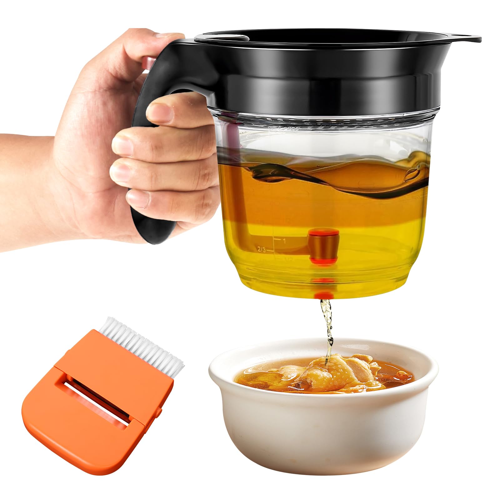 Vavpup Black 1000Ml Fat Separator With Bottom Release,Clear Measuring Jug,Multi-Function Strainer For Gravy Grease & Soup Oil Separation,Cooking Tool,With Peeler(,1)