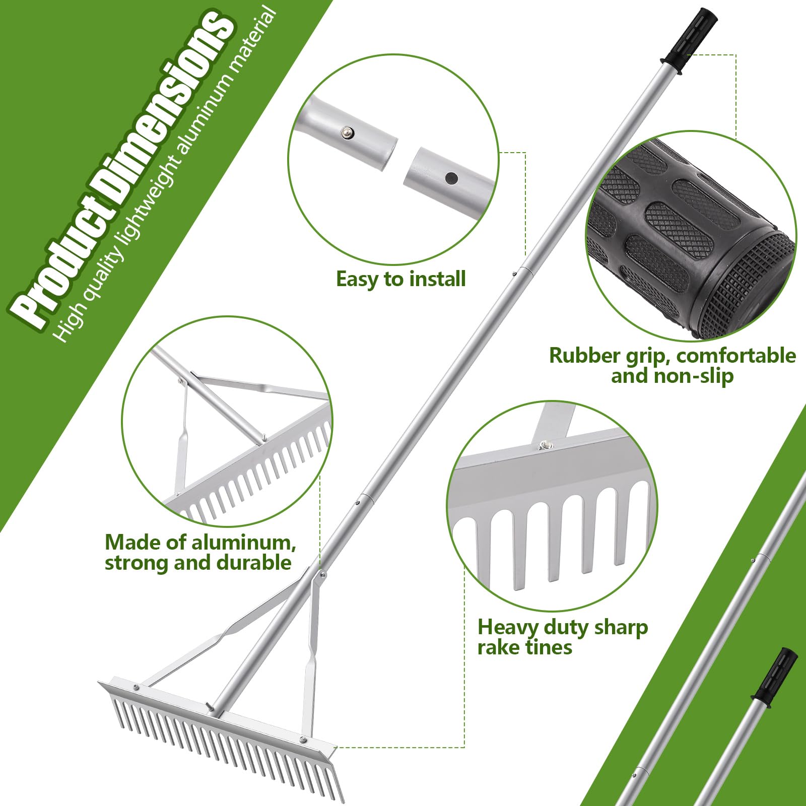 Aluminiowe grabie do pielęgnacji trawników, 36 cali, do ogrodów, boisk baseballowych, z regulowanym uchwytem 66''-98'', do pielęgnacji trawników, spulchniania gleby i pielęgnacji jezior.