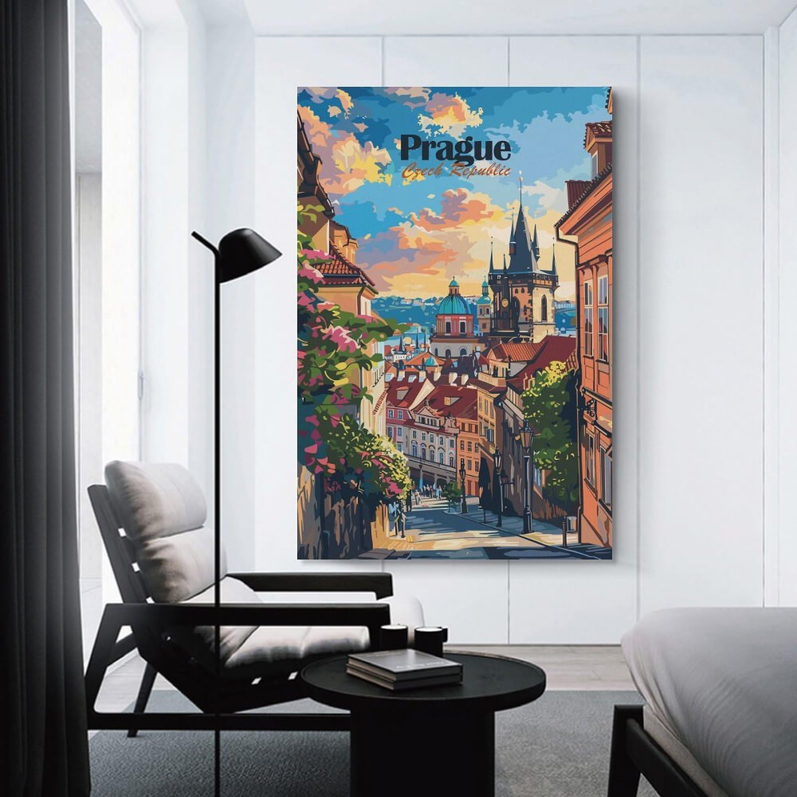 Junmoney Prague Cityscape Canvas Wall Decor 24x36inch(60x90cm), for Corridors, Hallways Or Apartment Entries, A Stylish Accent for Home Entrances