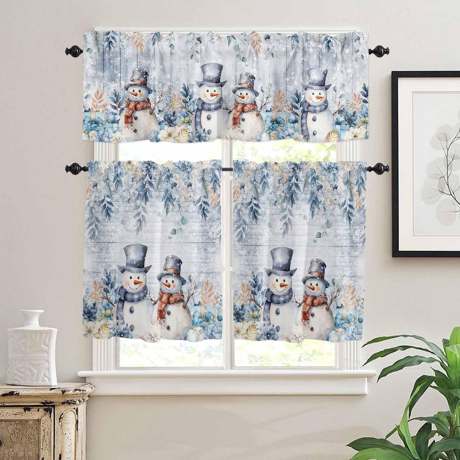 Blue Snowman Christmas Kitchen Curtains Set - Short Half Curtains 24 Inches Length, Xmas Floral Botanical Tier and Valance Set, Winter Snowflake Window Treatment Draperies for Bedroom