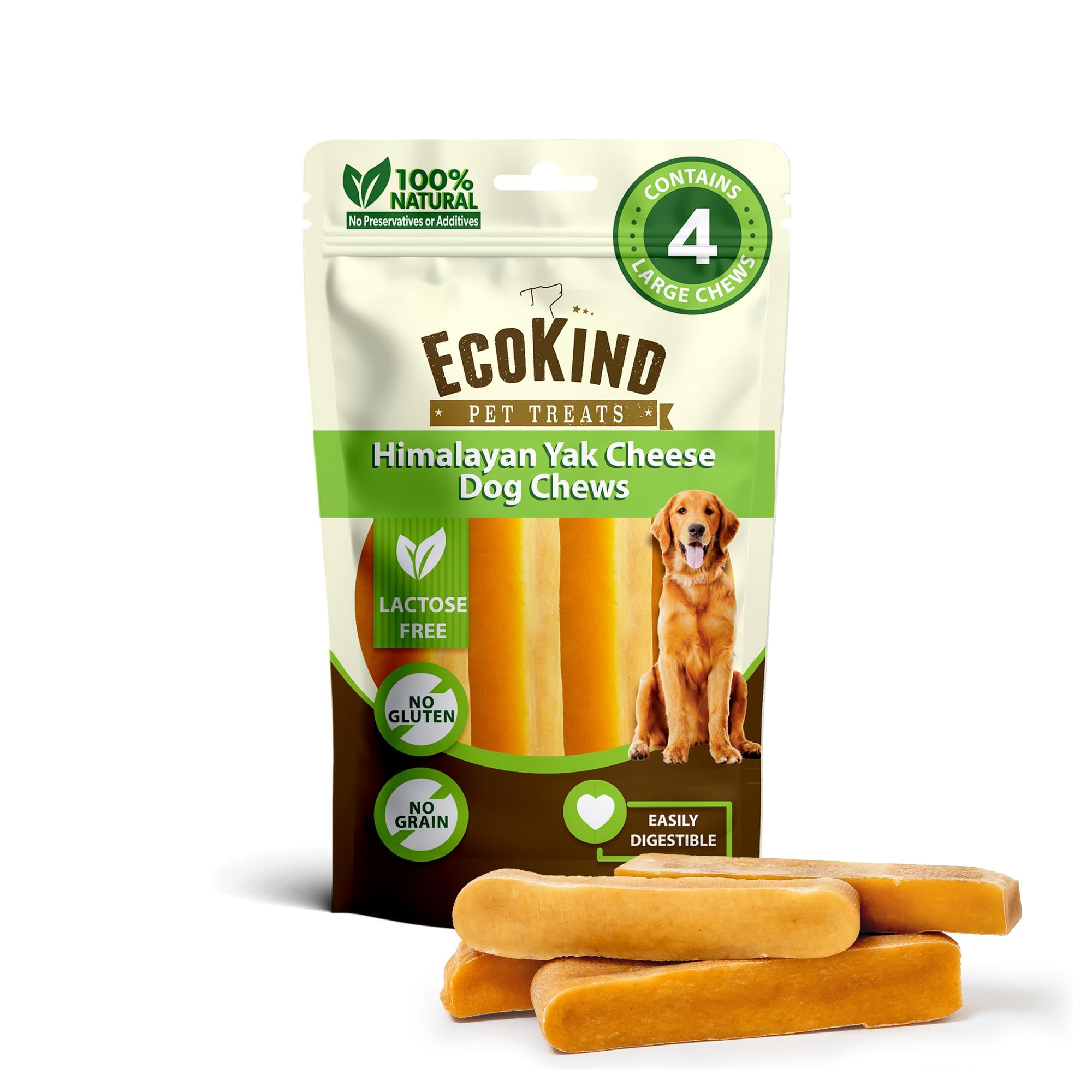 EcoKind Pet Treats Gold Yak Dog Chews | 100% Natural, Healthy & Safe, Odorless, Keeps Dogs Busy, 1 lb. Bag / 4 Stick
