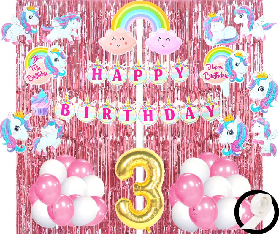 Image of Flyloons 3rd unicorn theme birthday decorations kit for girls with Unicorn Happy birthday Banner, Pink White Balloons, Pink Foil Curtain,Unicorn photo props,Posters,Cake Topper,Foil Balloon number 3