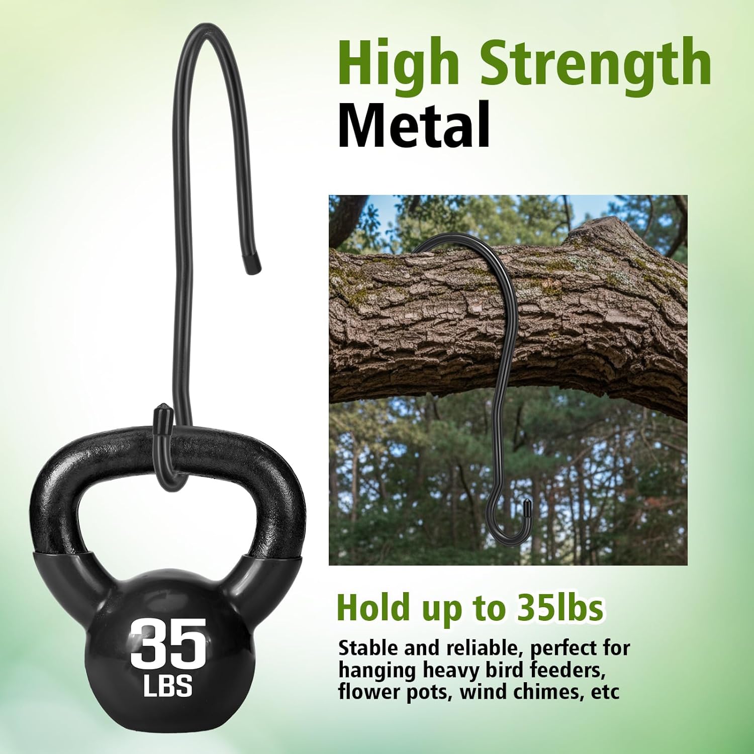 Therwen 4 Pcs 12 Inch Tree Branch S Hook Heavy Duty Extra Large 1/4" Steel Metal Outside Tree Hanger for Hanging Bird Feeder, Plant, Wind Chime, Lantern, Wreath, with Vinyl End Cap, 35 Lbs Capacity