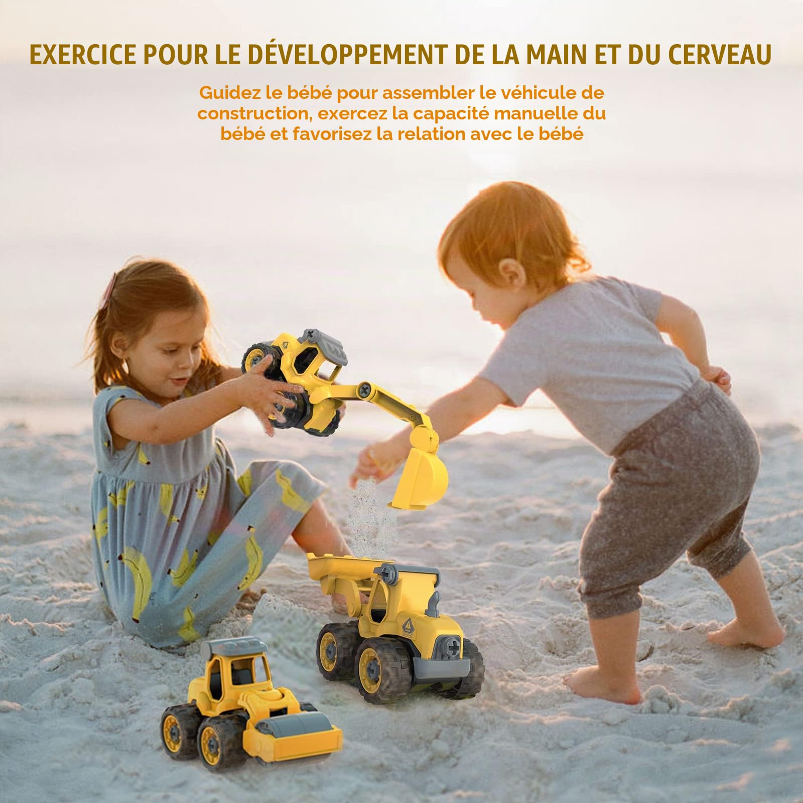 EYLM Pelleteuse avec Véhicule de Construction, Bricolage 3 en 1 Tracteur avec Chargeur Frontal, Rouleau Compresseur Ensemble de Jeu Jouet Éducatif pour Les Jeunes Enfants de 3 4 5 6 Ans
