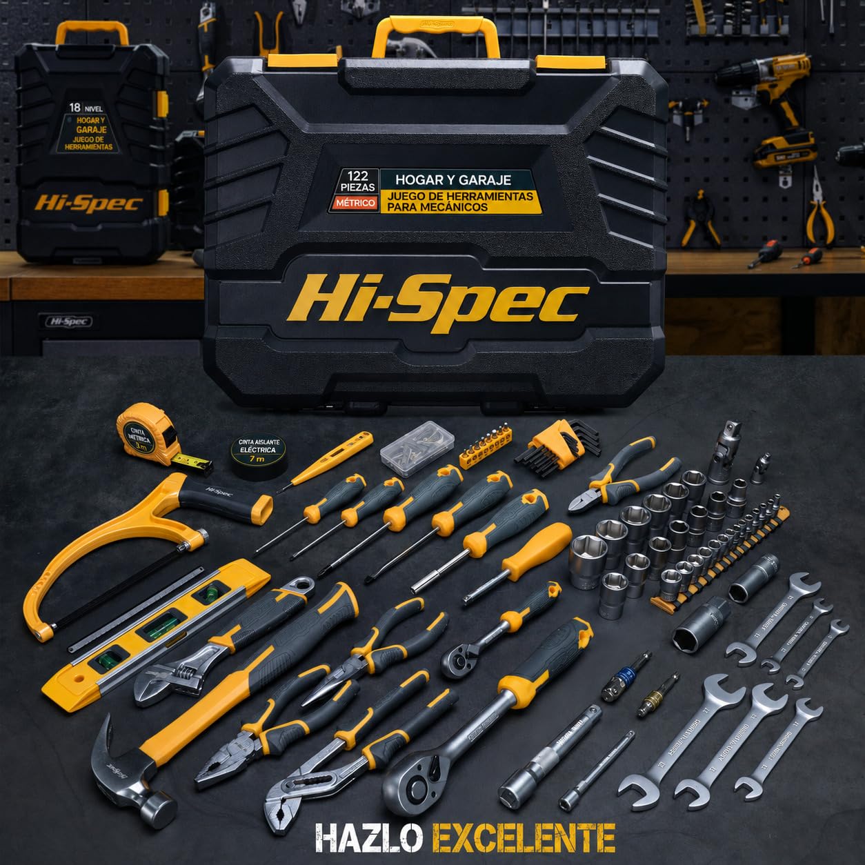 Hi-Spec Caja de Herramientas Mecánicas para Hogar y Coche para Bricolaje | 122 piezas, accesorios y maletín, para mantenimiento, bricolaje, cochera y reparaciones automotrices, uso diario