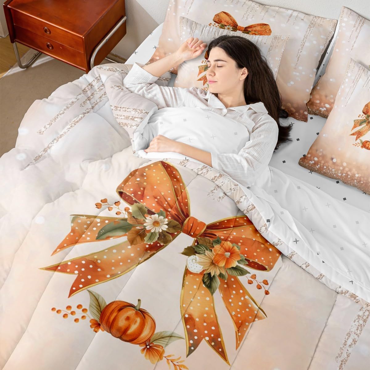 Erosebridal Floral Bow Queen Comforter Set Fall Autumn Pumpkins Bed in a Bag with Flat and Fitted Sheet Thanksgiving 7-Piece Bedding Set Autumn Harvest Quilt Duvet Sets