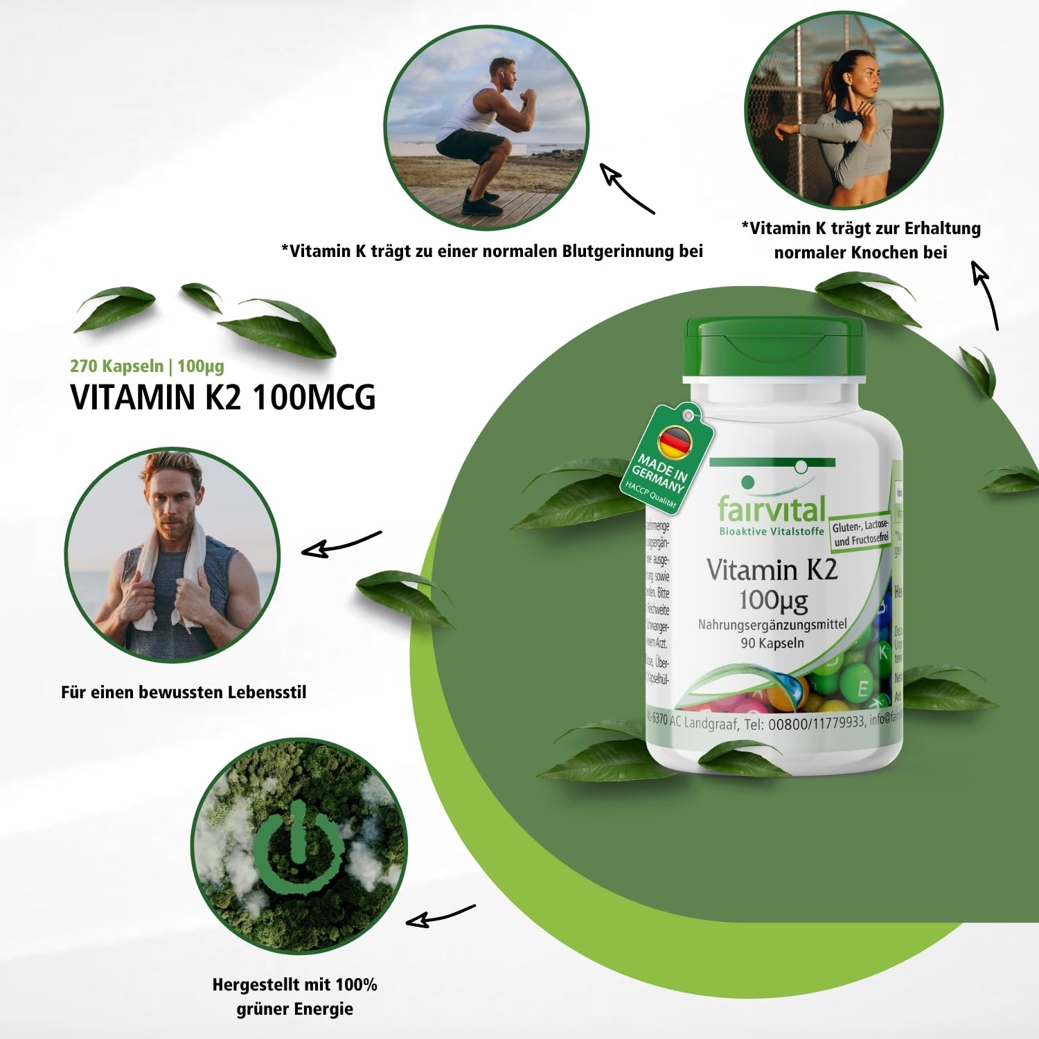 fairvital Vitamin K2 MK-7 100µg, 270 Kapseln (90x3), HOCHDOSIERT, Menaquinon MK-7, natürlich & fermentiert aus Natto, VEGAN