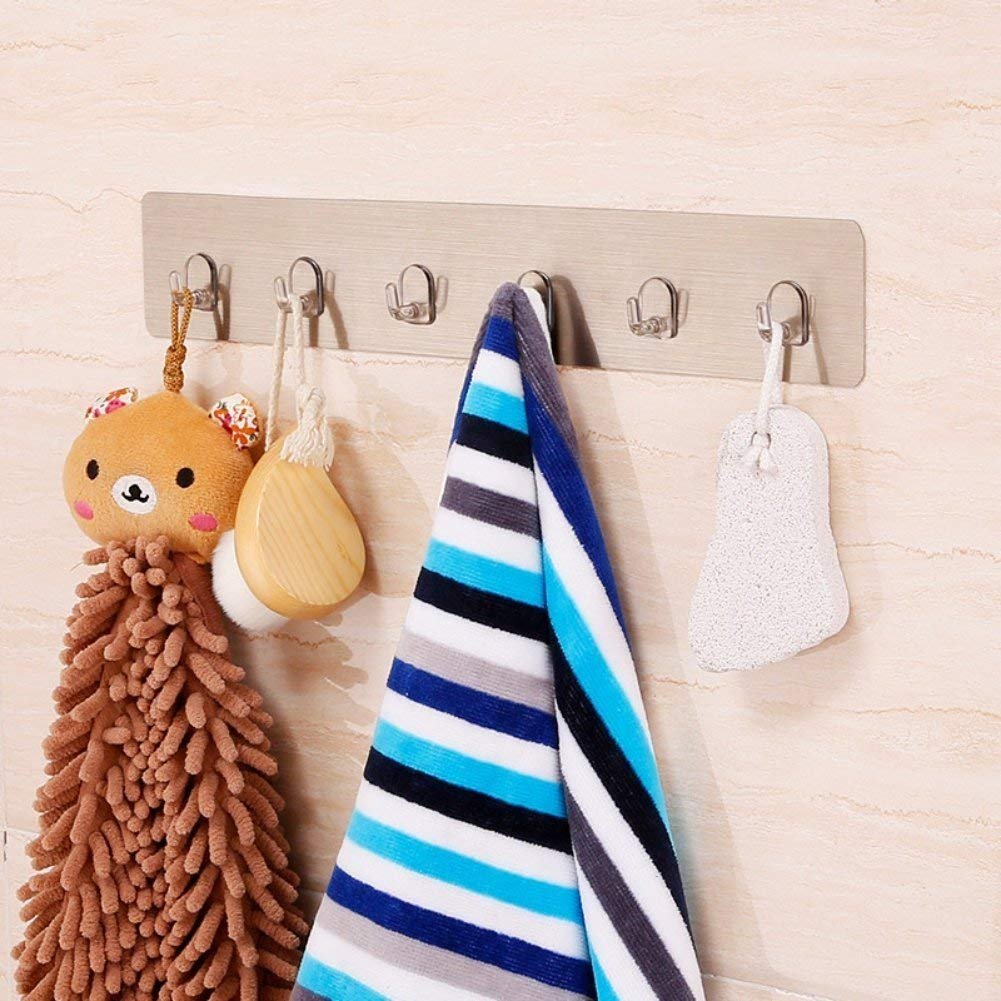 ZIVIK Wall Mounted Hooks Strip with 6 Hooks 2Pcs | Self Adhesive Bathroom Towel Hanger Hook Rail | Bathroom Hook | Multipurpose Kitchen Hanger(Silver) (2, AV-131) 3