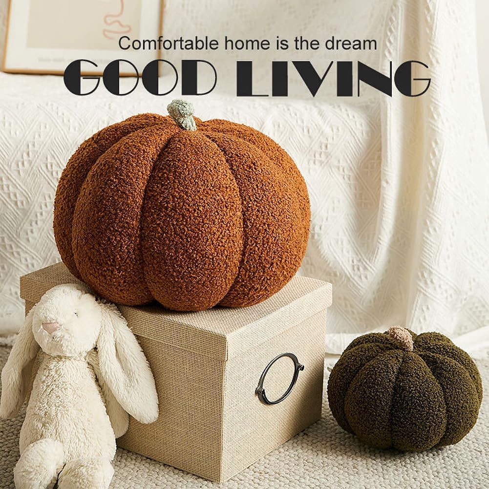 Srutirbo Teddy Fleece Pumpkin Throw Pillows Cute 3D Shaped Cushion Halloween Home Decoration (8in+11in+14 in, White+Green+Brown)