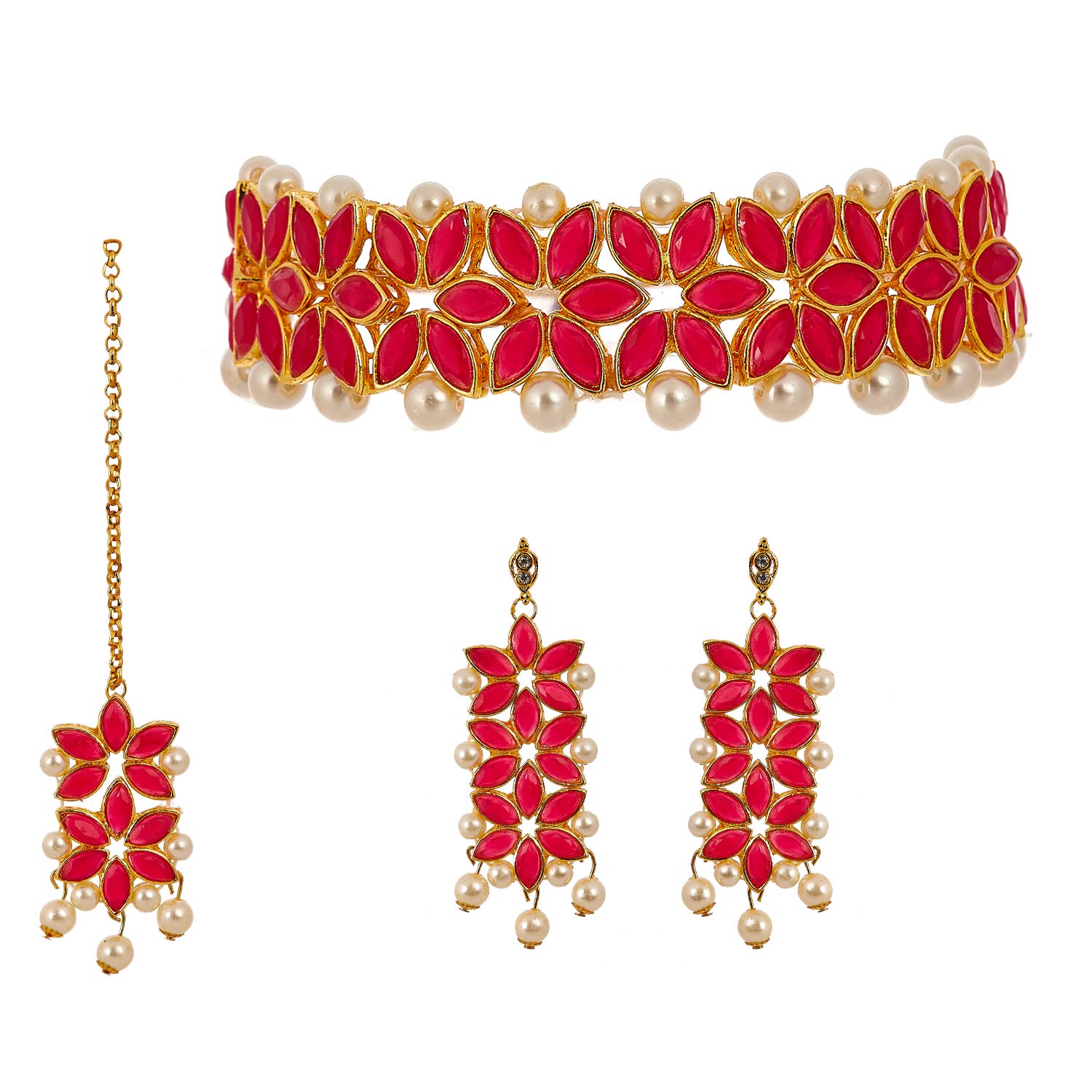 KENNICE Gold-Plated Flower Shaped Choker Bridal Necklace With Earrings, Maang Tikka Jewellery Set For Women & Girls (B09CV6WV1D) Amazon Price History, Amazon Price Tracker