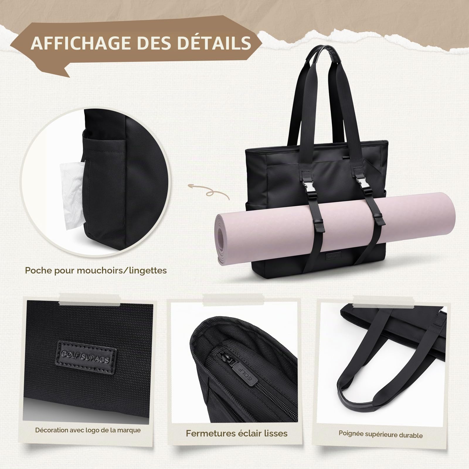 GOLF SUPAGS Sac de Tennis pour Femme, Sac Fourre Tout pour Tapis de Yoga, Sacs à Bandoulière de 14 Pouces, Sacs de Fitness Sport avec Poche Humide, pour Tennis, Gym, Sport, Voyage, Bureau