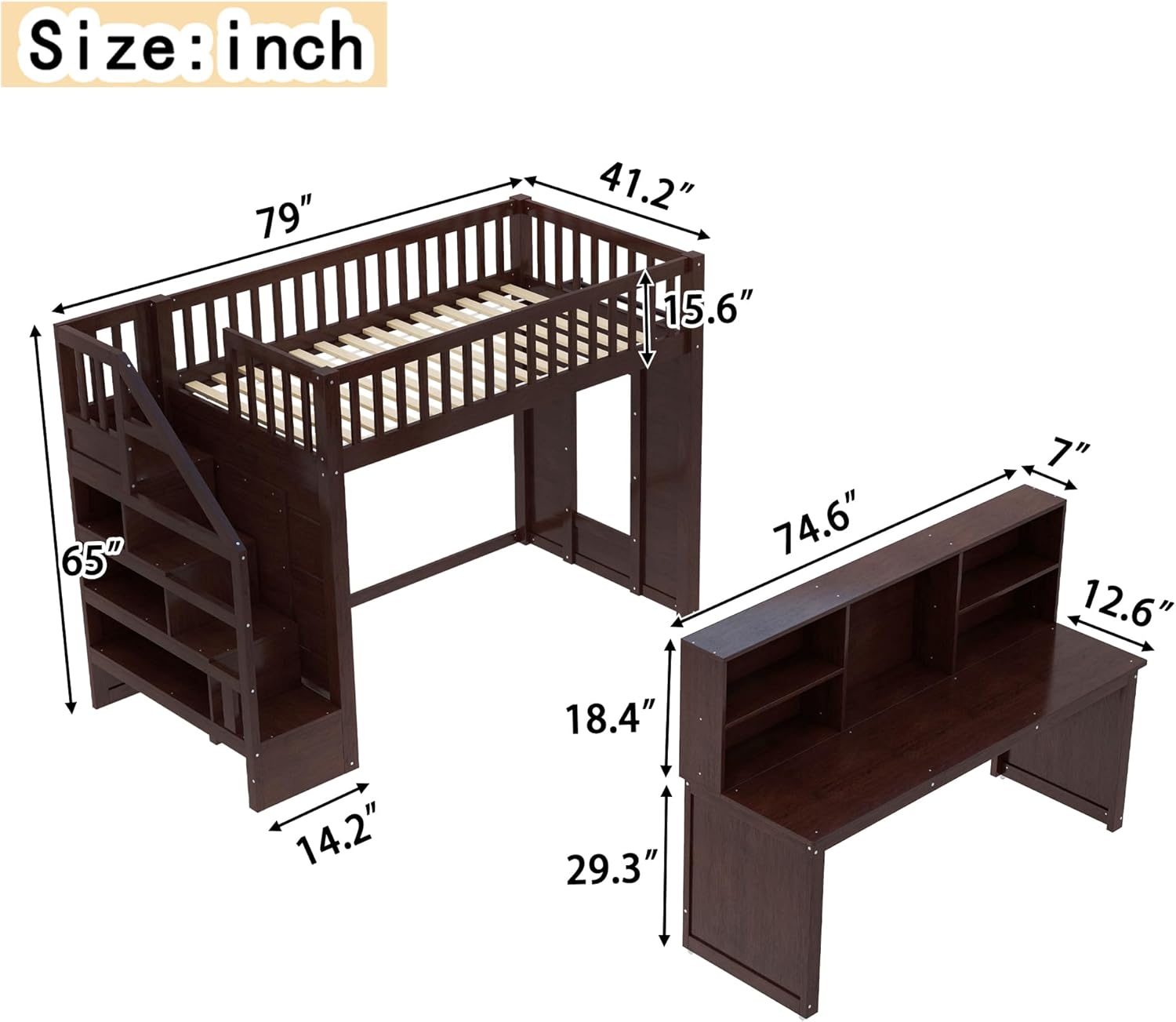 Harper & Bright Designs Twin Size Loft Bed with Stairs, Solid Wood Loft Bed with Movable Desk, Featuring Storage Stairs and Storage Shelf, for Teens Adults (Espresso)