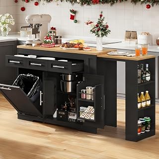 Concho 70'' Kitchen Island with Extendable Dining Table, Rolling Kitchen Island on Wheels with Trash Can, Power Outlet, Spice Rack, Island Table Cart for Kitchen, Black