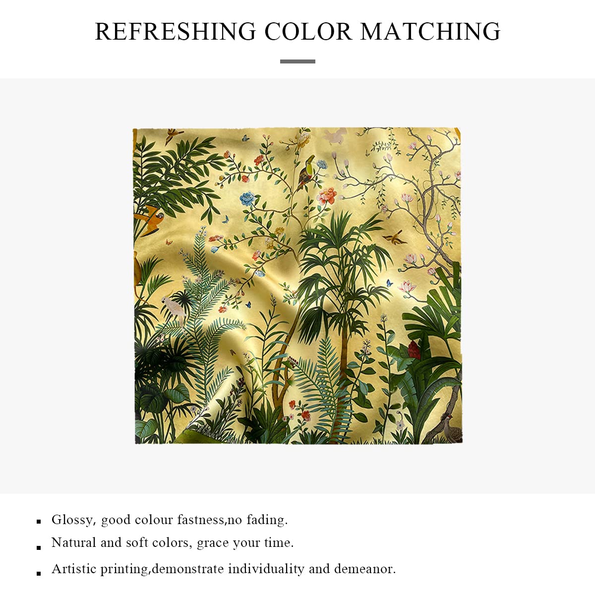 Elegantes y suaves envolturas for mujer, bufandas de seda satinada, bufanda cuadrada pequeña for mujer, 53 × 53 cm, estampado de árbol de flores con temática natural, pañuelos lindos, pañuelo ligero y
