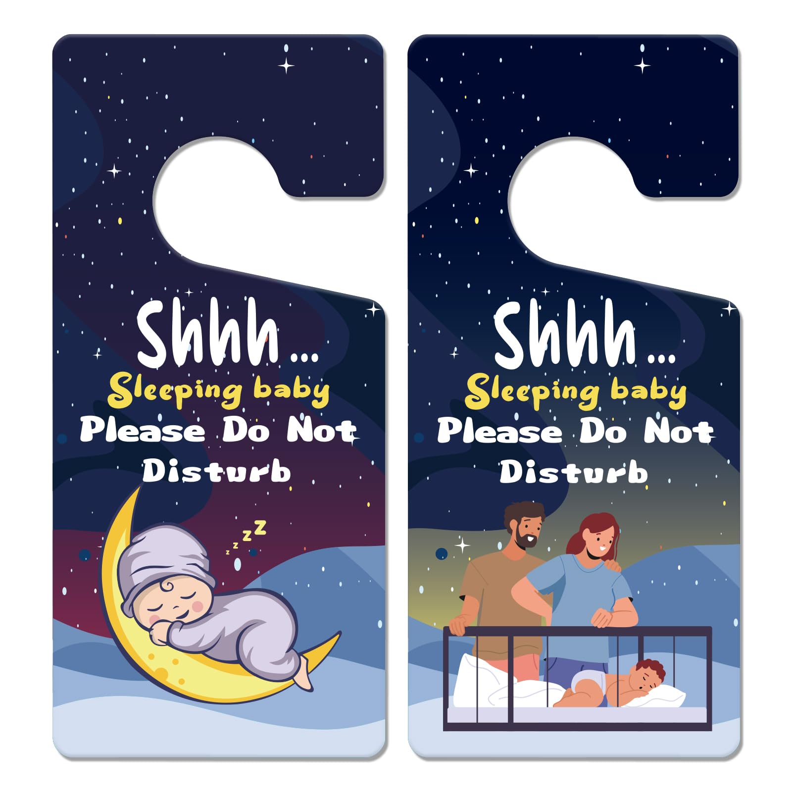 Zaamwoyy Baby Sleeping Sign - 2PCS Door Hanger for Front Door, Do Not Disturb, Do Not Knock or Ring - New Born Gifts, Black Blue