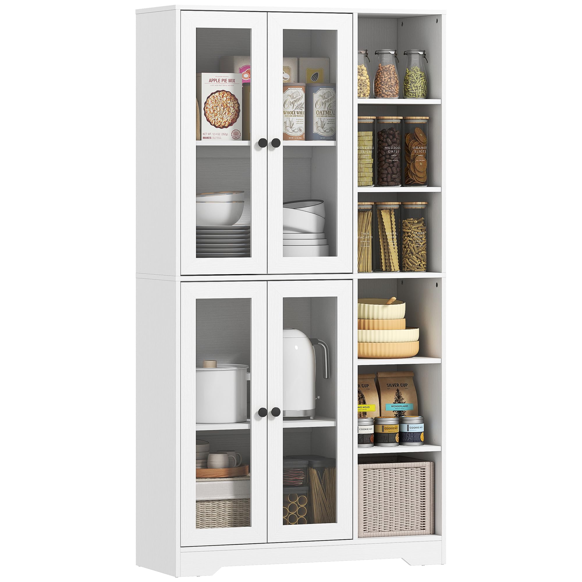 HOMCOM Küchenschrank mit 4 Soft-Close-Glastüren 90 x 35 x 172 cm Weiß | Buffetschrank, 6 Offenen Fächern, Moderner Hochschrank mit Verstellbaren Einlegeböden, Vorratsschrank