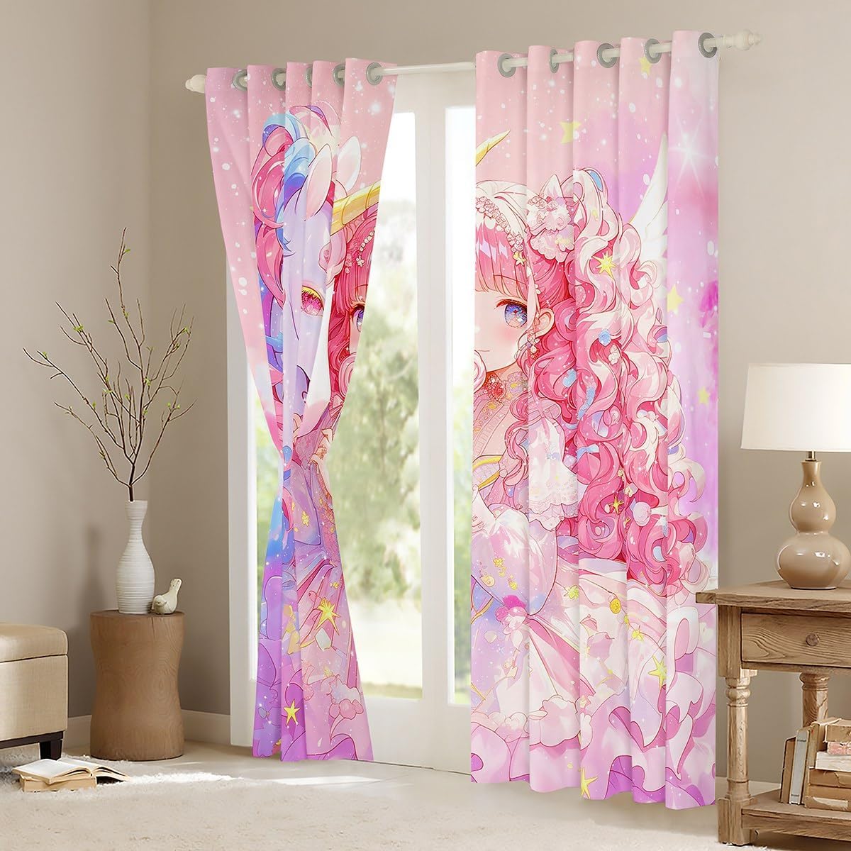 Cartoon Unicorn Curtains for Teens Bedroom Cute Girl Dreamy Starry Window Curtains Kawaii Girl Pink Window Drapes Magical Horse Window Treatments 52x96 Inches,2 Panels