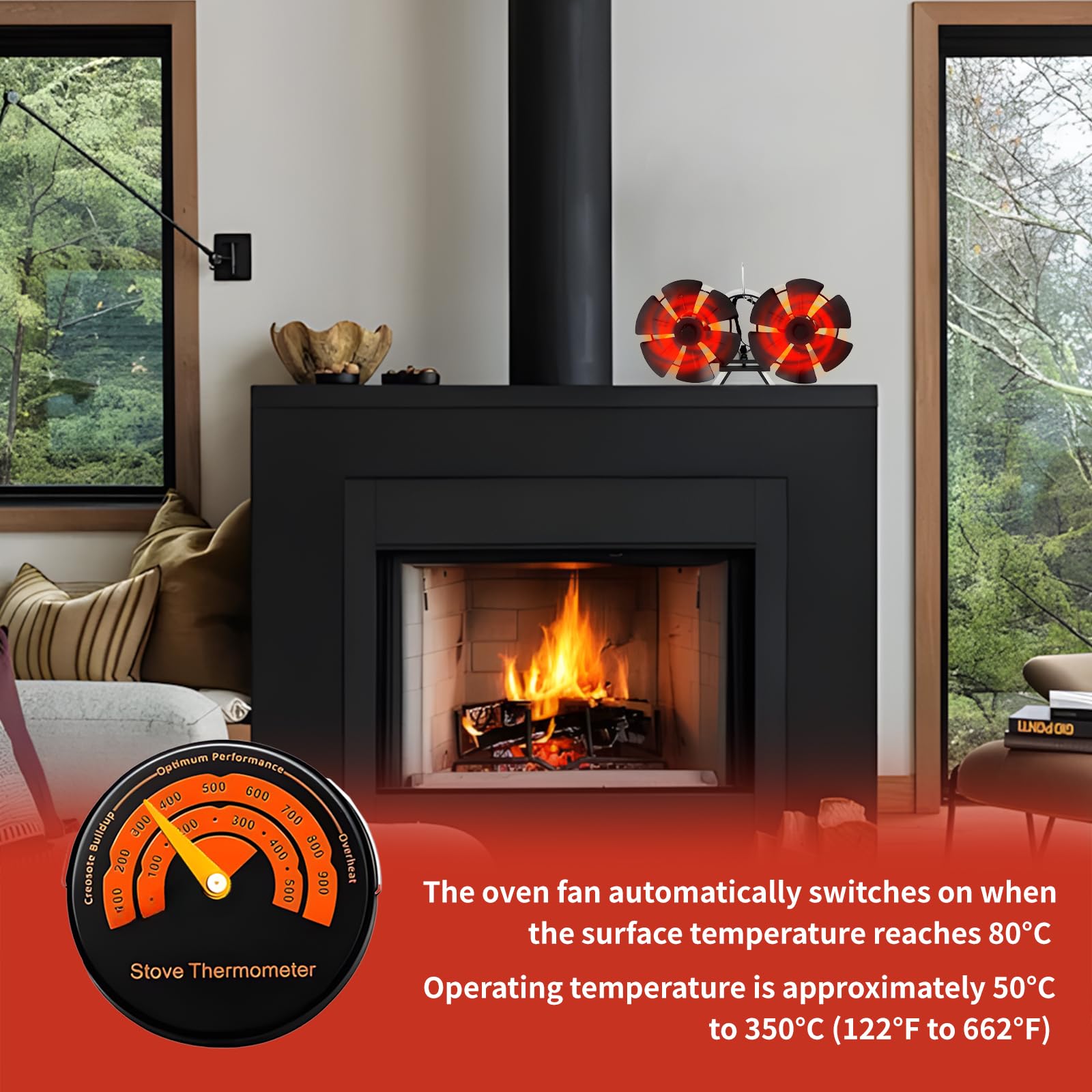 Ventilador para Chimenea, Ventilador de Estufa Sin Electricidad, 12 Aspas, Funcionamiento Silencioso, Ventilador de Estufa de Calor de Doble Cabezal, para Leña, Estufas de Leña, Chimenea