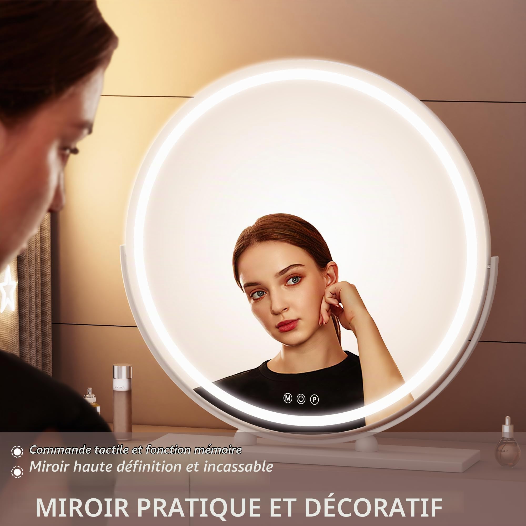 Hasipu Miroir de Coiffure avec éclairage, 60L x 60l cm, Miroir de Maquillage Lumineux avec Commande Tactile Intelligente, 3 Couleurs dimmables, Rotation 360°, Blanc Rond