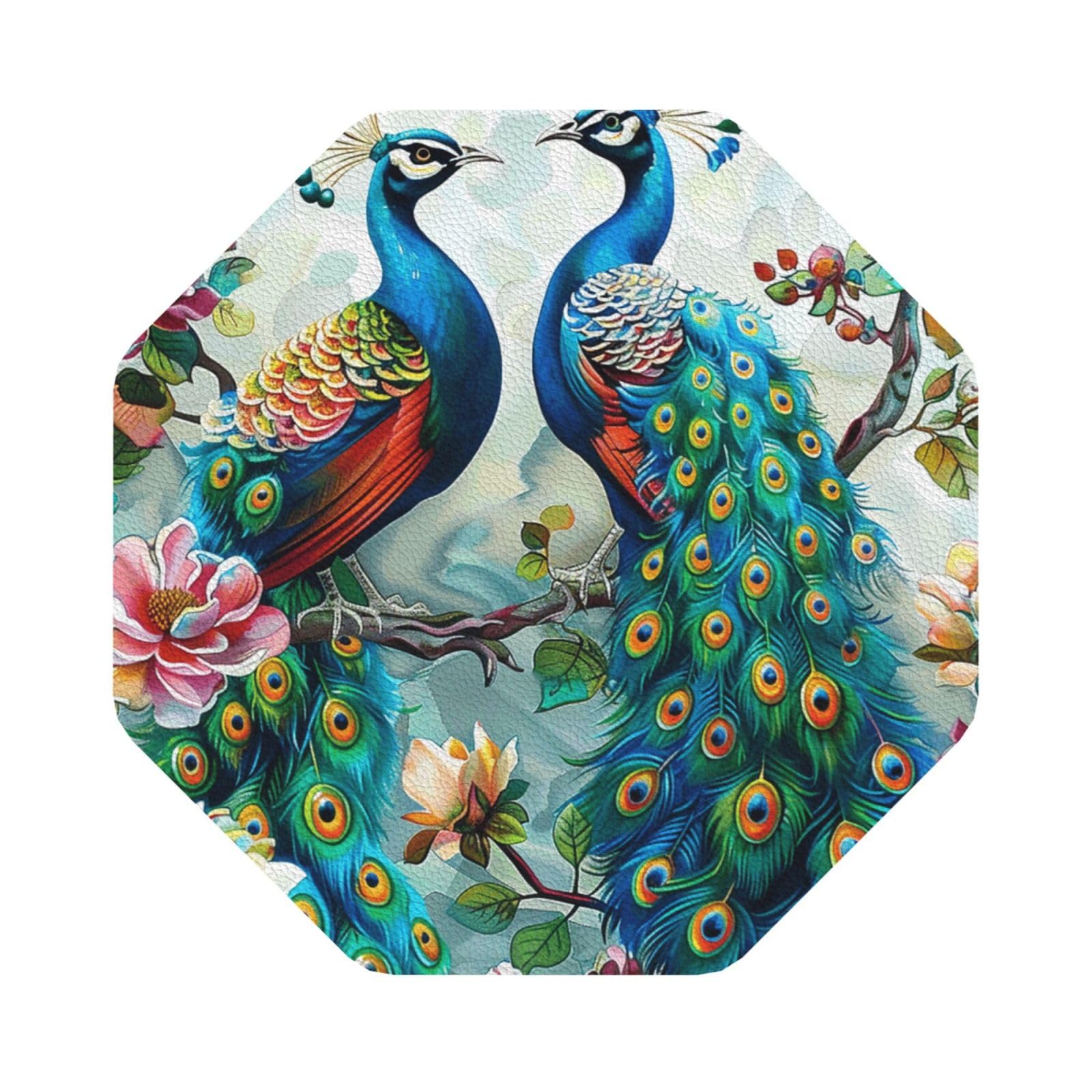 Beautiful Peacock Flowers Print Leather Coaster Set of 6, Octagon Coasters Table Decorative Coffee Cup Beverage Coasters Wine Beer Bar Coasters for Hot Drinks Table Protection