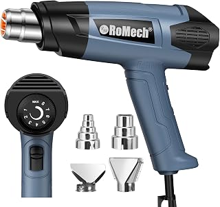 RoMech 1500W Heavy Duty Heat Gun Kit - Variable Temp 120-1200°F, 2 Airflows, 4 Nozzles for Shrink Wrap, Crafts & DIY (Blue)