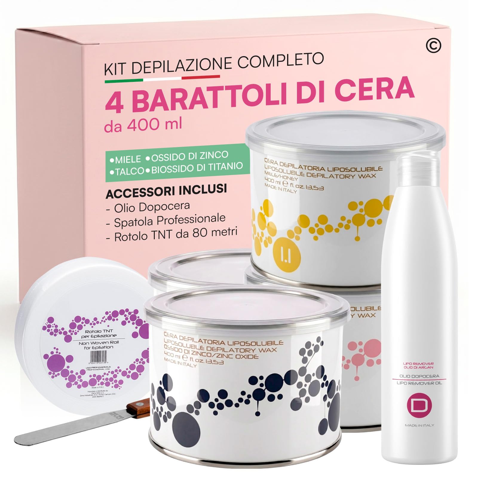 Kit Completo per Ceretta con Cera Liposolubile al Miele, Talco, Ossido di Zinco e Biossido di Titanio da 400ml + Spatola in Metallo + Dopocera Olio di Argan 250ml + Rotolo TNT 80 Metri - Set da 7