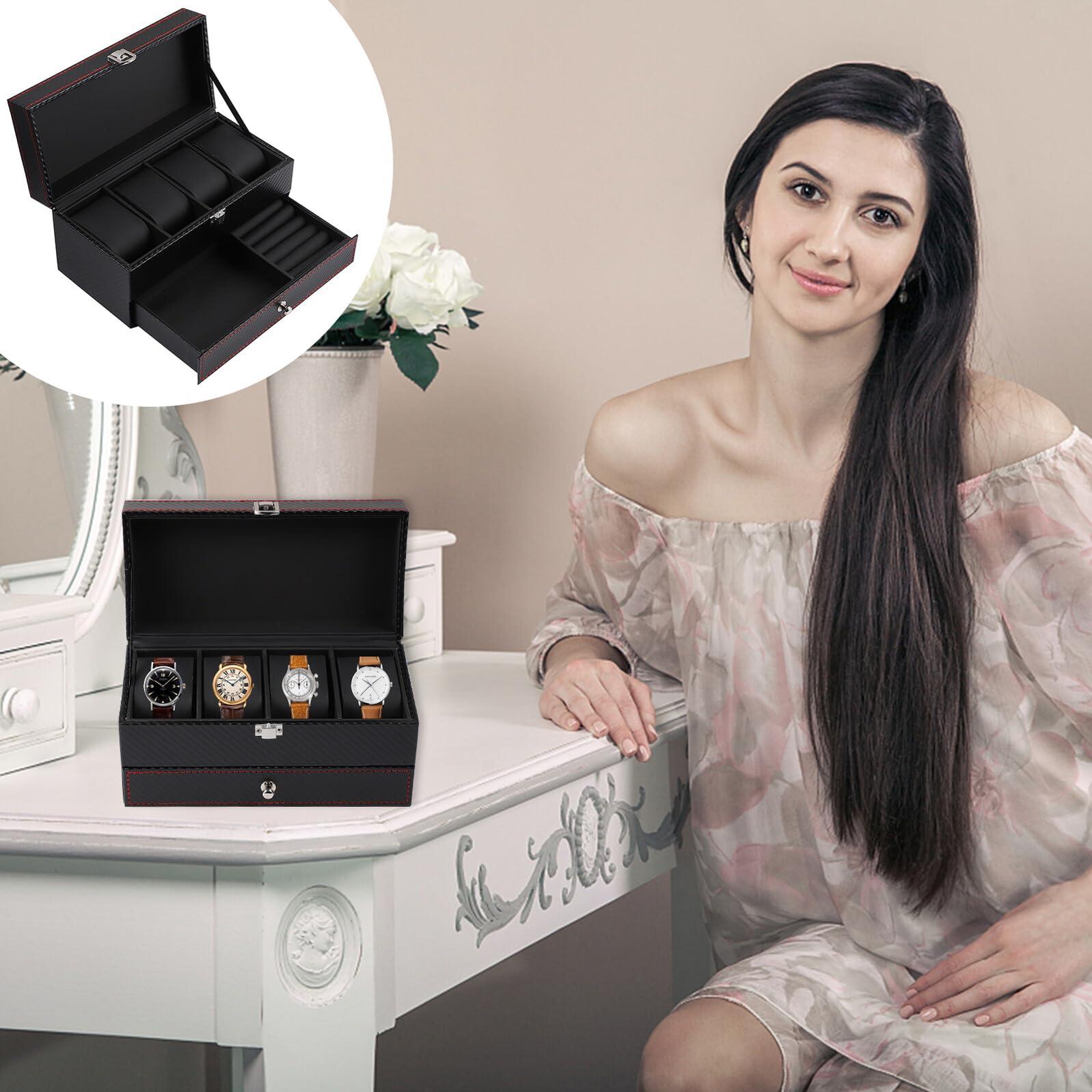 HEMOTON Boîte à Montres en Fibre de Carbone Noire Intérieur en Cuir Noir Coffret de Rangement pour Bijoux et Bagues Étui Compact pour Présentation et Protection Lors de Voyages