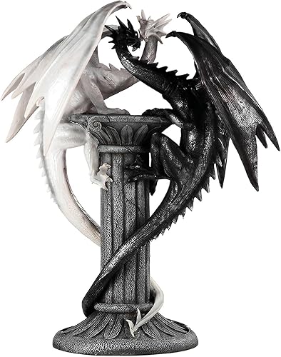 ICE Armor Estatua medieval de dragones blancos y negros de 19.5 pulgadas de alto, escultura grande, dragones gemelos en columna en blanco y negro,