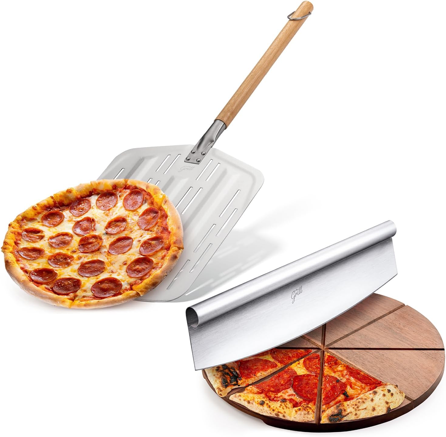 Hans Grill Pizza Peel PRO | Made for XL Pizza 12 inch & Hans Grill Pizza Cutting Board and Pizza Cutter Rocker Blade Gift Set
