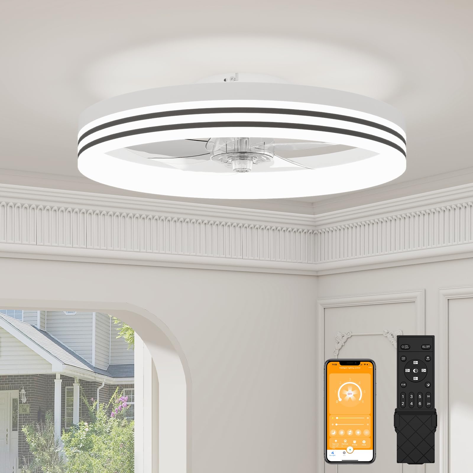 VOLISUN Low Profile Ceiling Fans with Lights and Remote, 19.7in Flush Mount Ceiling Fan with Light, 3000K-6500K Dimmable Fandelier LED Fan Light, White Bladeless Ceiling Fans with Lights for Bedroom