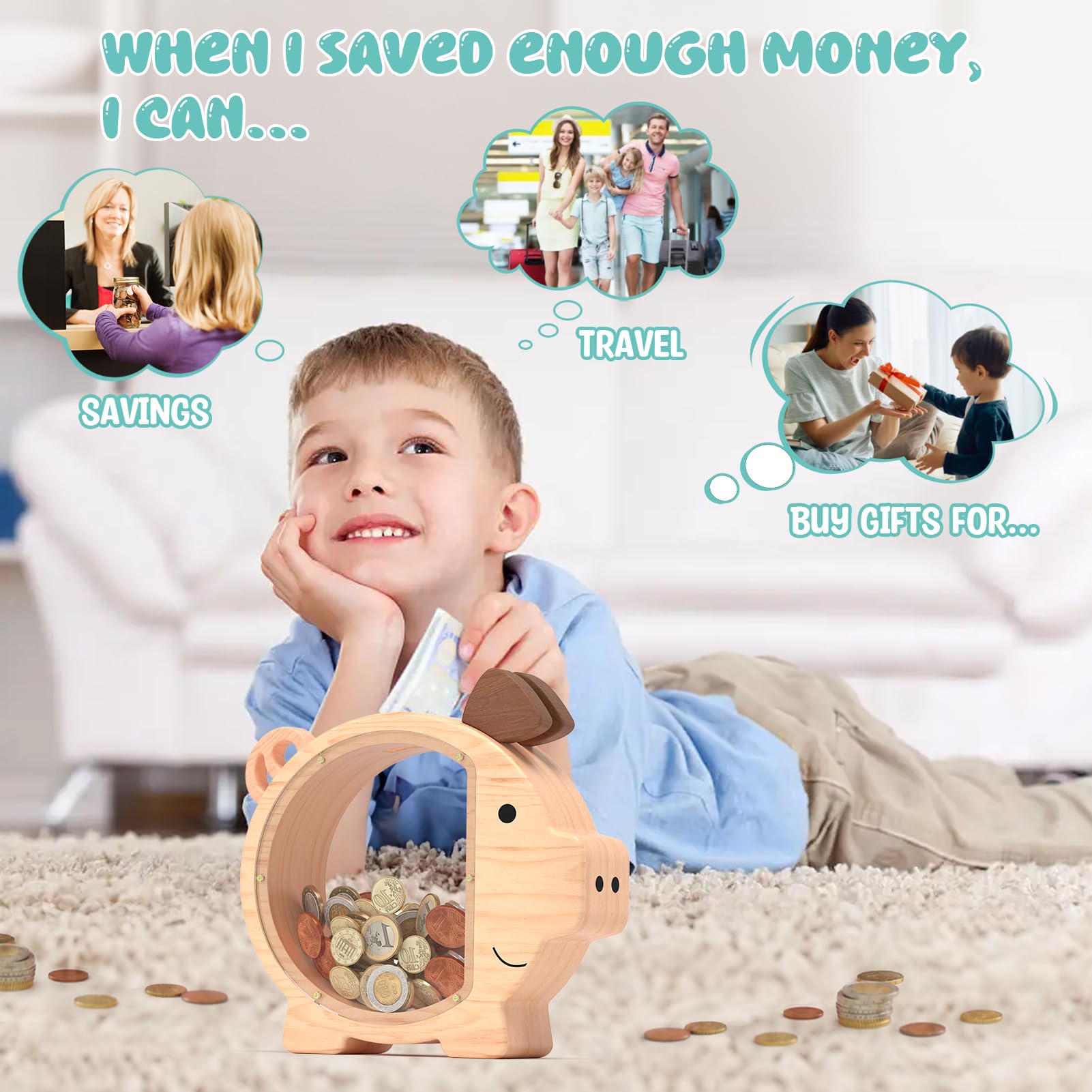 Sparschwein aus Holz für Kinder, niedliche Spardose für Jungen und Mädchen, transparente Holz-Spardose, personalisierbar, kreatives Geschenk für Kinder, Geburtstag, Weihnachten und Dekoration
