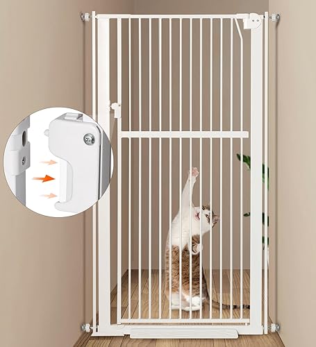 Puerta extra alta para mascotas de 59 pulgadas, puerta de metal duradera para gatos con doble cerradura de seguridad y puerta de paso, cierre
