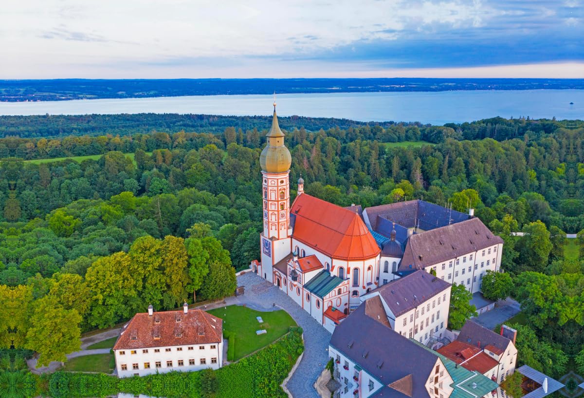 Premium Textil-Leinwand 90 x 60 cm Quer-Format Kloster Andechs, Luftaufnahme, Ammersee | Wandbild, HD-Bild auf Keilrahmen, Fertigbild auf hochwertigem Vlies, Leinwanddruck von Prime Selection