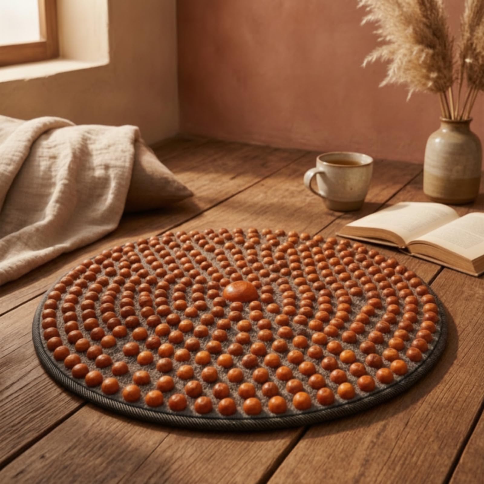 Tapis Massage avec Billes En Bois Acupression Tapis Réflexologie Apaisant pour Maison, Diamètre 80cm