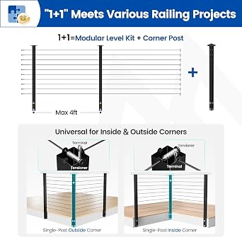 Muzata 36in Modular Cable Railing Corner Post Side Mount 4-Way Drilled RW53