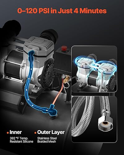 Miniatura 3 de VEVOR Compresor de aire, tanque de acero de 8 galones, 1HP 2.2 CFM@90 PSI Compresor de aire libre de aceite y presión máx. 120PSI, compresor