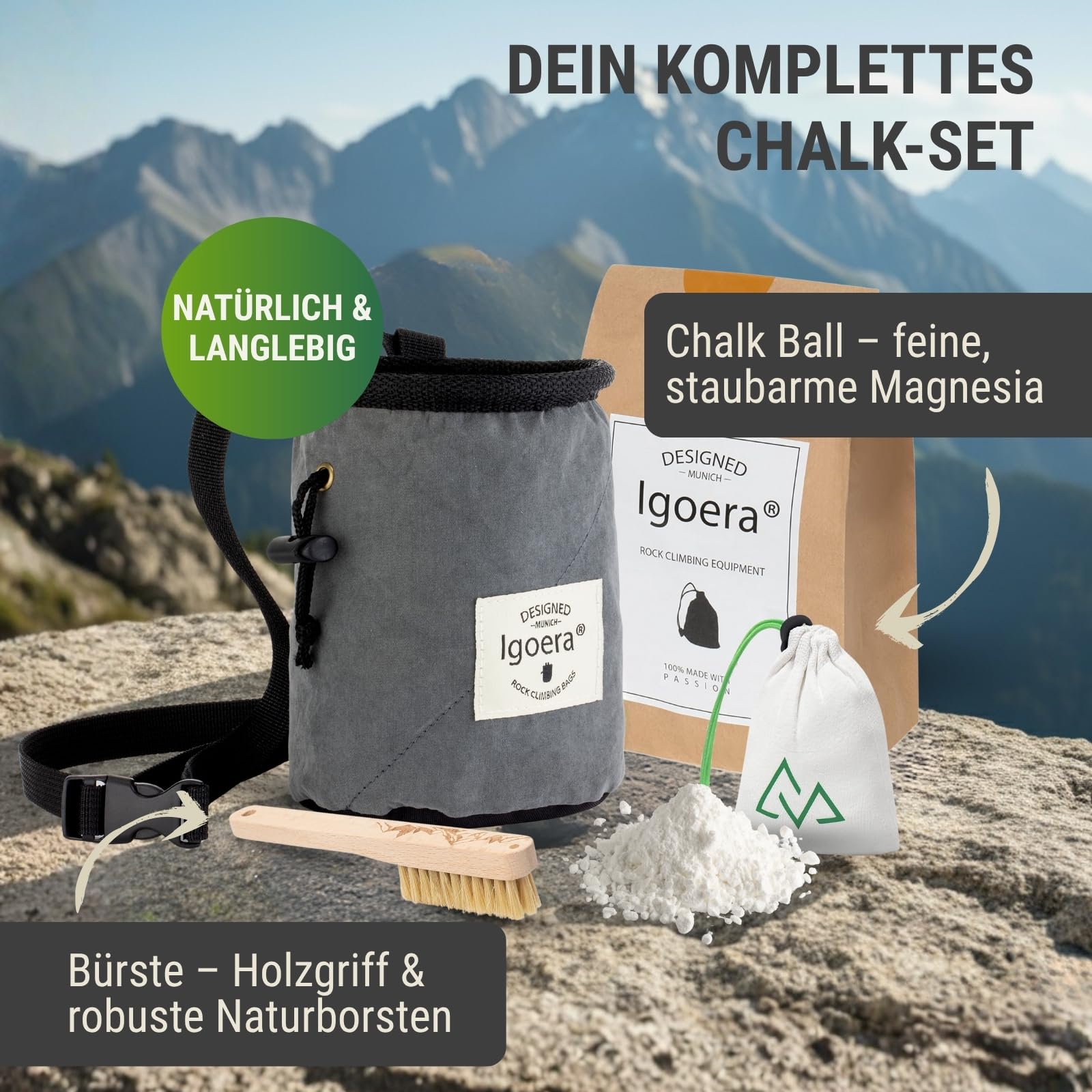 Boulder Set mit Chalkbag, Boulder-Bürste & Chalkball – Kletterzubehör Set für Bouldern & Klettern – Magnesiumbeutel mit Fleece-Futter, Wildschweinborsten-Bürste & Chalkball aus Baumwolle