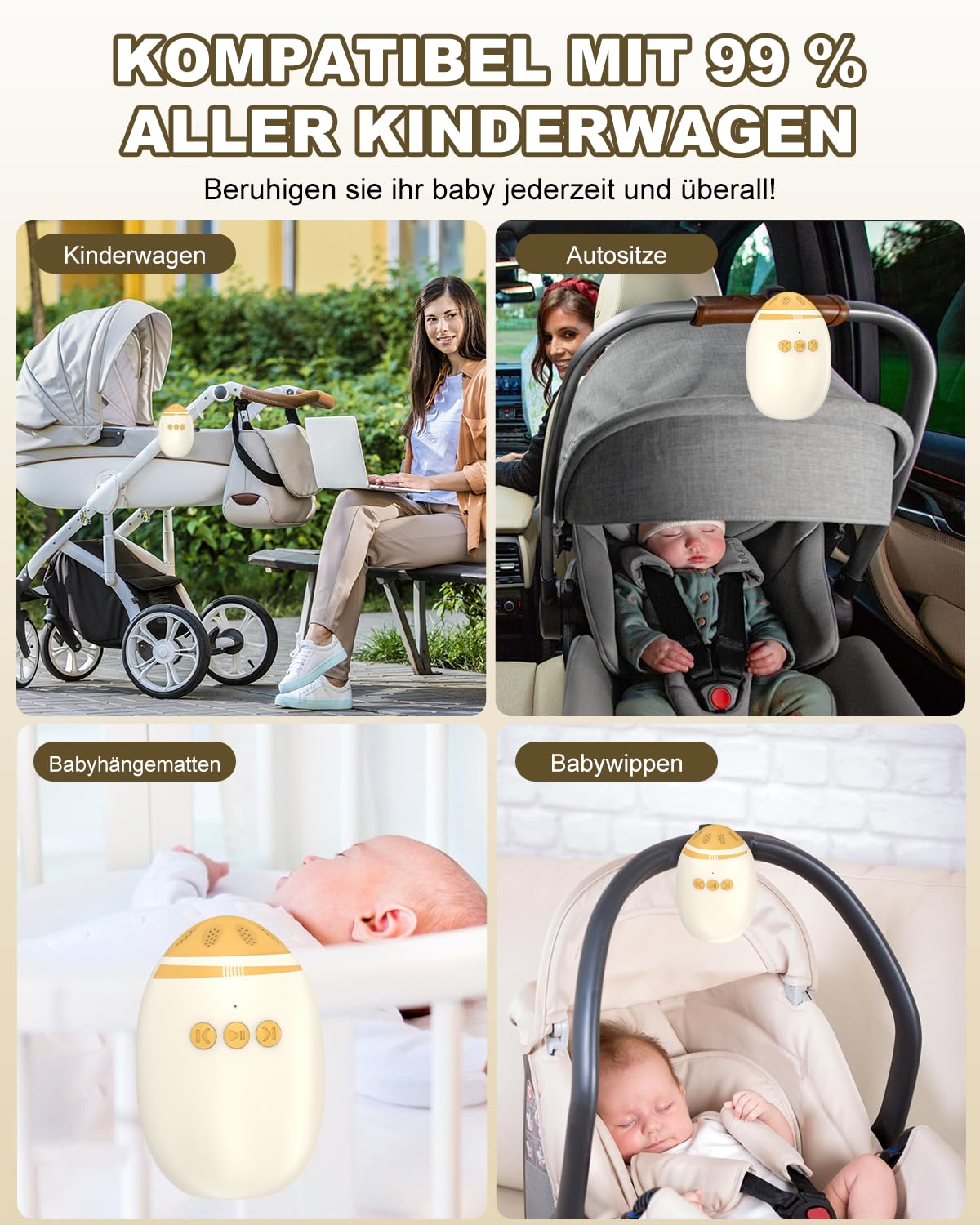 Passeggino con rumore bianco, vibratore per passeggino con 11 suoni rilassanti, supporto per dormire ricaricabile, regolazione continua, funzione portatile e Bluetooth per passeggini e passeggini