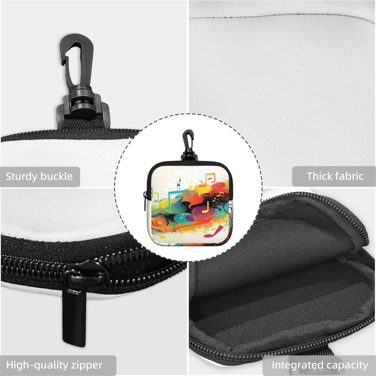 Small Neoprene Pouch, Mini Portable Makeup Bag With Carabiner Keychain Waterproof Travel Coin Purse Storage Bag Abstract Music Themed Clutch Cosmetic Organizer For Women image 4