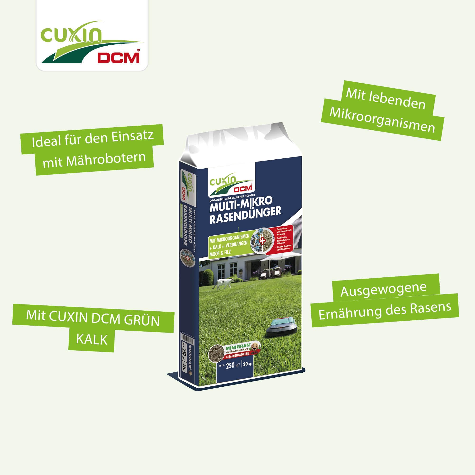 CUXIN DCM Multi-mikro nawóz do trawnika – długoterminowy nawóz do trawnika – w technologii MINIGRAN® – robot koszący – organiczno-mineralny nawóz NPK – 20 kg na 250 m²