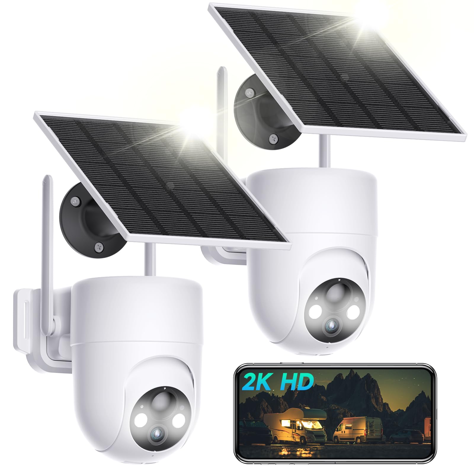 LIWAN Solar Security Cameras Wireless Outdoor, 2K Outdoor Security Camera, 360° PTZ Camera Surveillance Exterieur, 4X Zoom, Battery Powered, 2.4GHz WiFi Solar Camera, PIR Motion Detection, 2 Pack