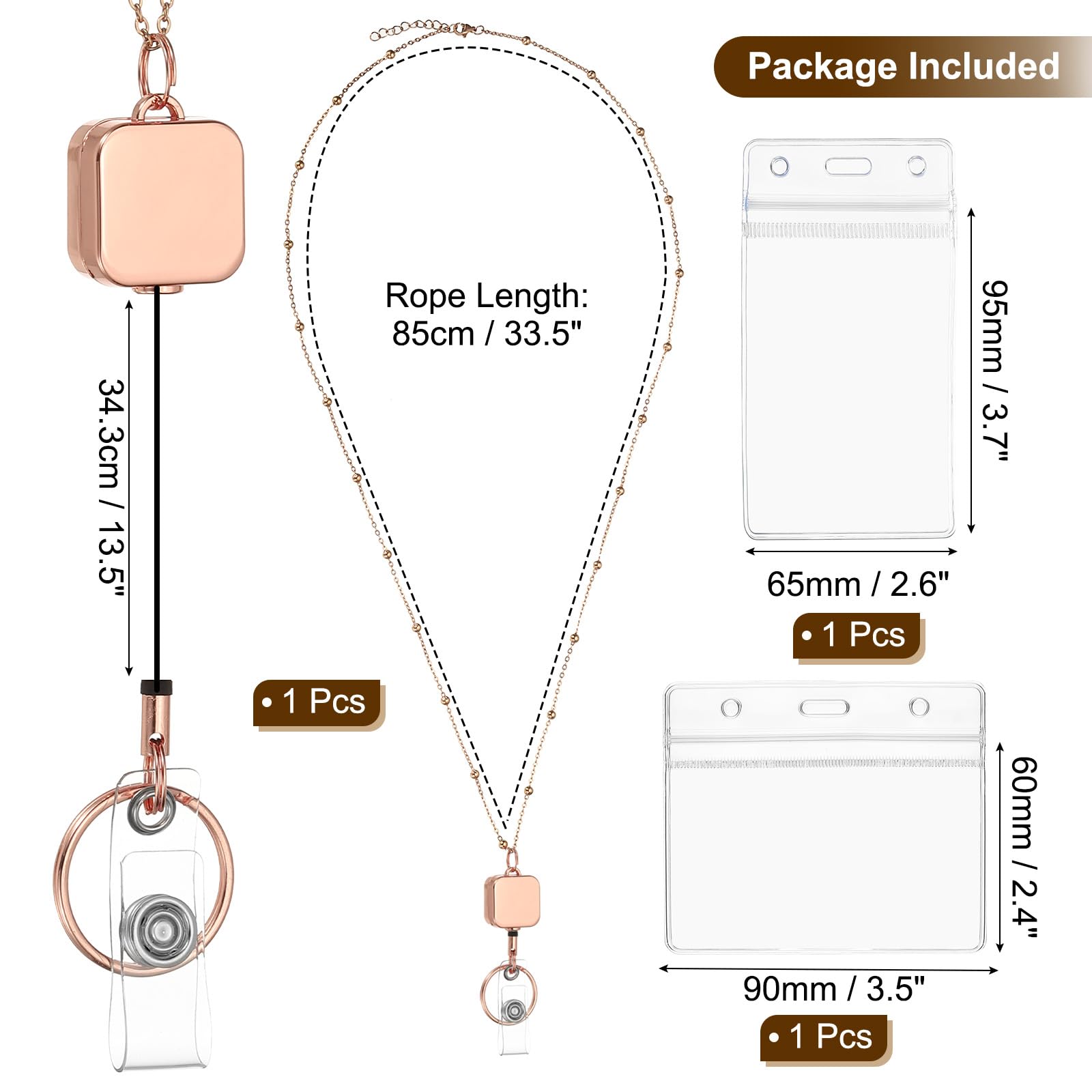 PATIKIL Badge Necklace Lanyard with ID Holder,304 Stainless Steel Retractable Square Badge Reel Lanyard Clip Chain with 1 Set ID Holder for Woman Office ID Card Key,Rose Gold - Image 2