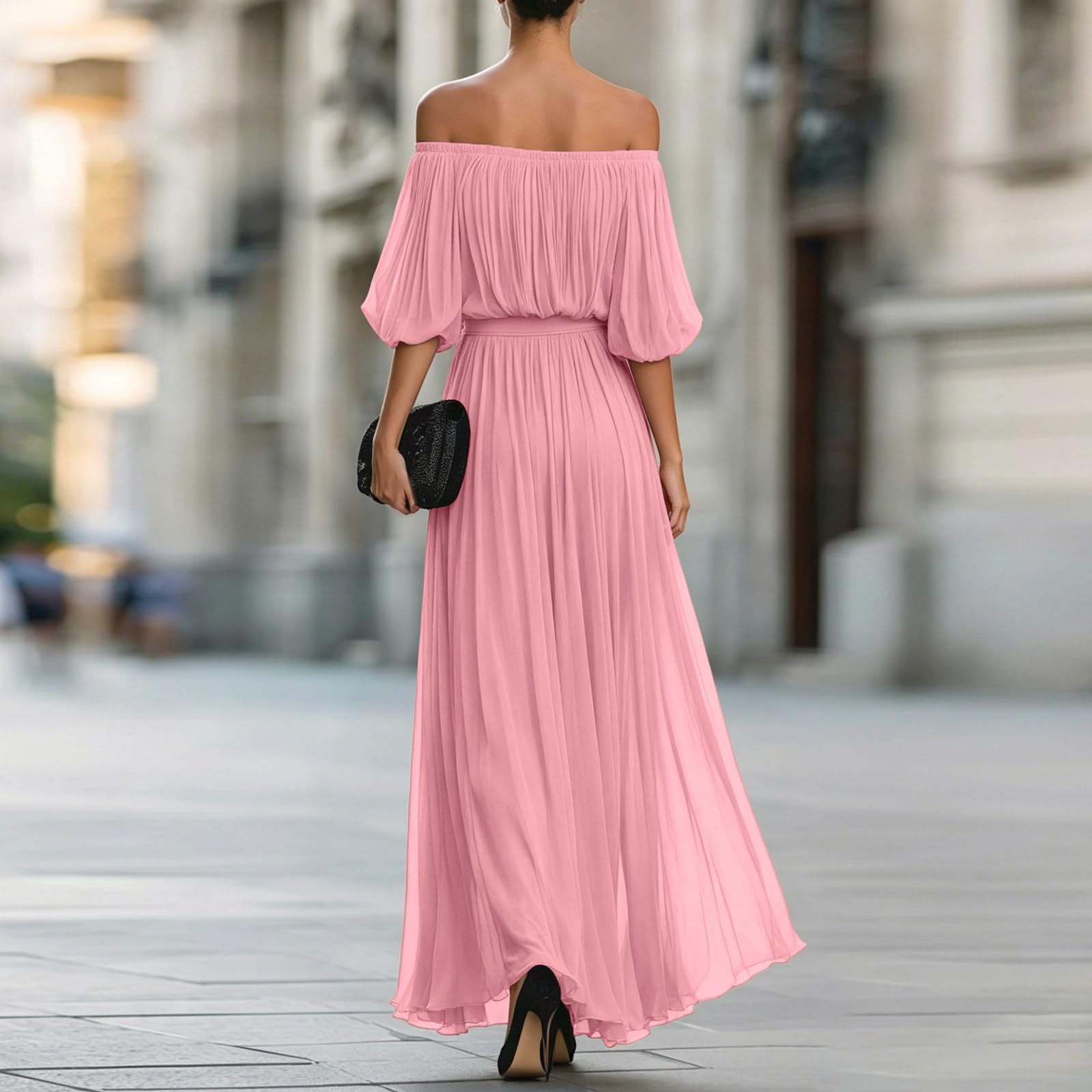 Chiffonkleid Damen Festlich Maxi Abendkleider Elegant Für Hochzeit Mit Ärmel Sommerkleid Damen Lang Schulterfrei A Linie Kleid Hochzeitsgast Sommerkleider Frauen Leicht Und Luftig Ballkleid