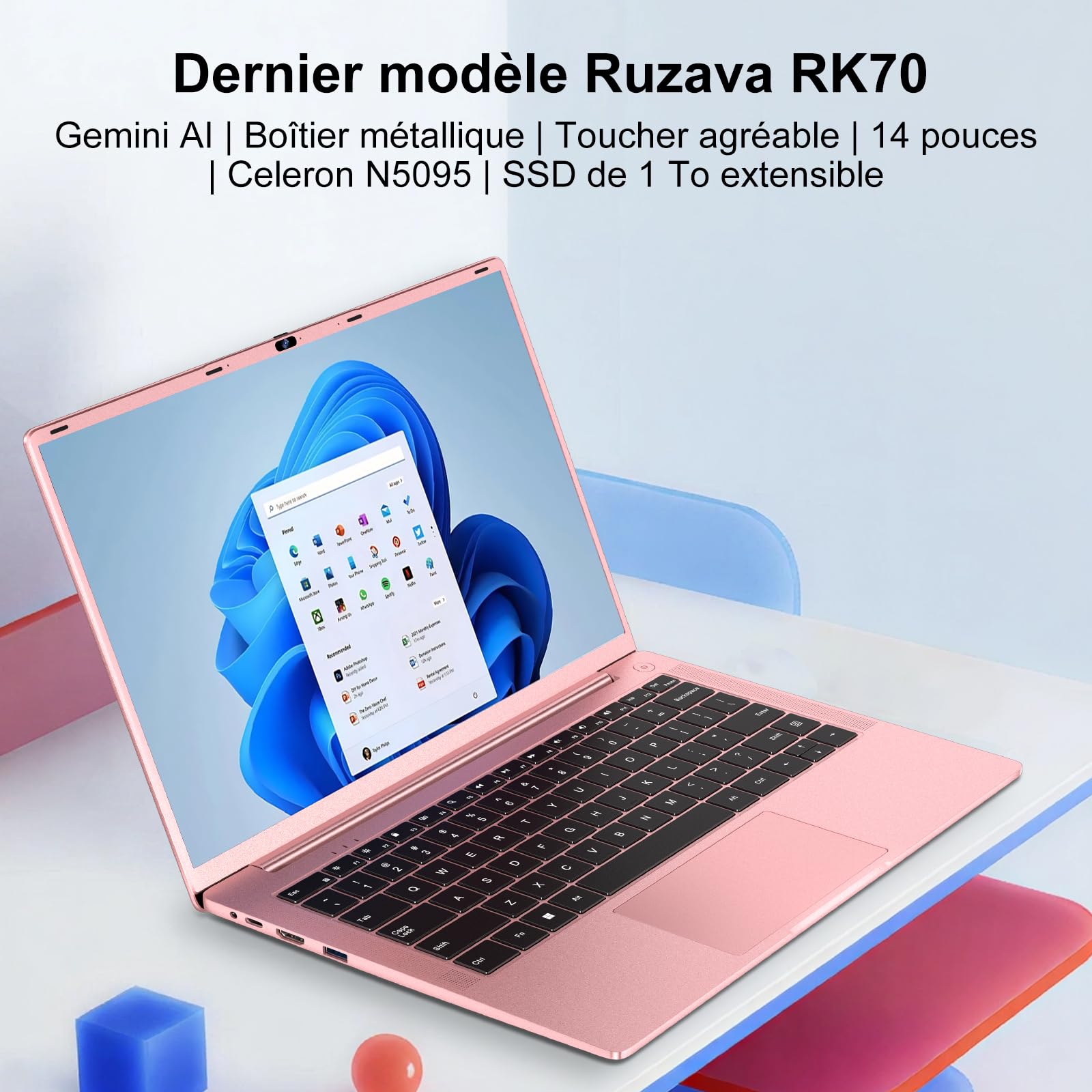 Ordinateur Portable 14 Pouces Celeron N5095 (jusqu'à 2,9 GHz) 8Go DDR4 Win11 256Go SSD Extension 1To 5G WiFi HDMl FHD PC Portable avec Souris sans Fil qwerty Clavier AZERTY Membrane du Clavier - Or-1