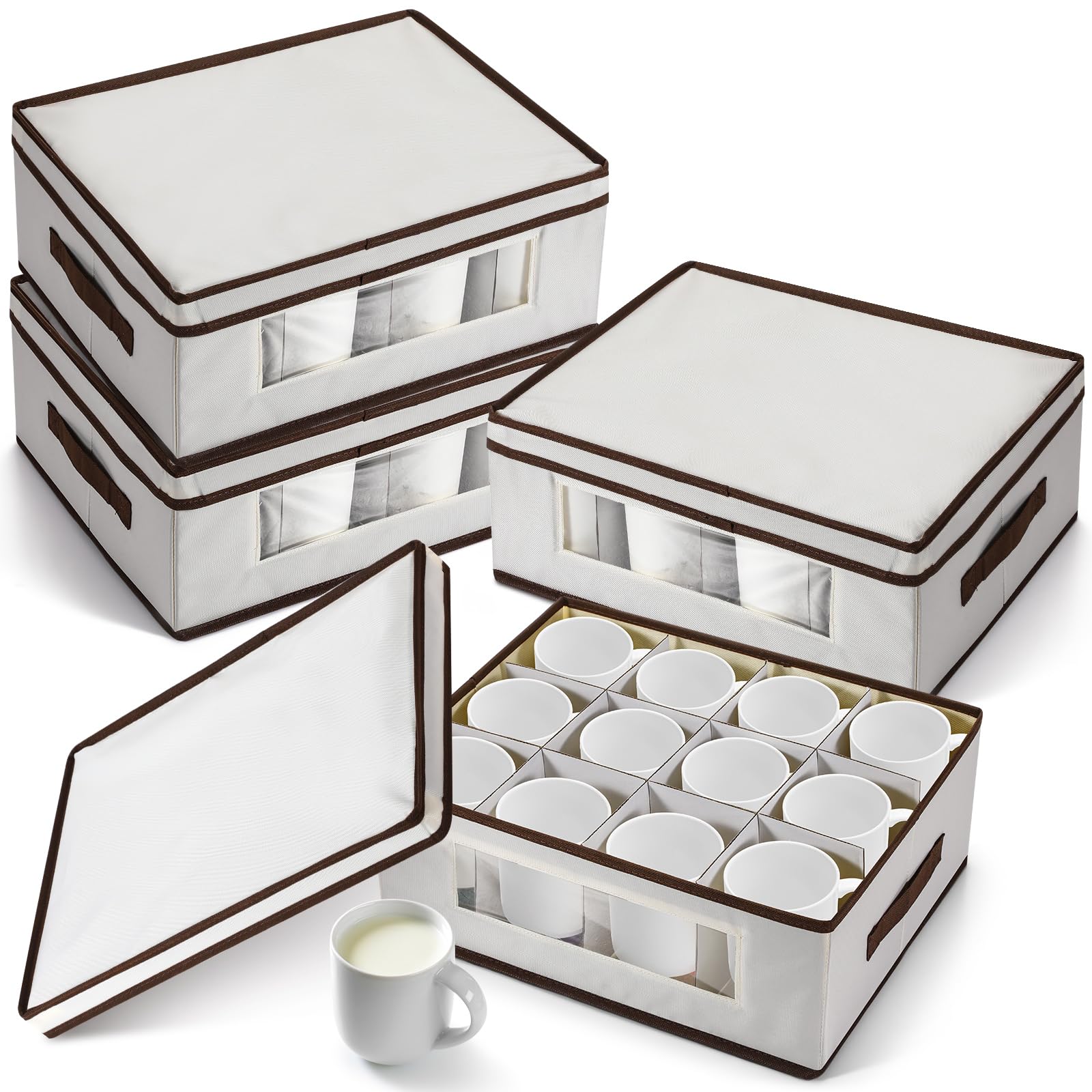 Uiifan 4 cajas de almacenamiento para tazas con divisores, 12 compartimentos, cajas de almacenamiento de vasos de porcelana con tapa, asas, ventana de PVC para mudanza, color beige