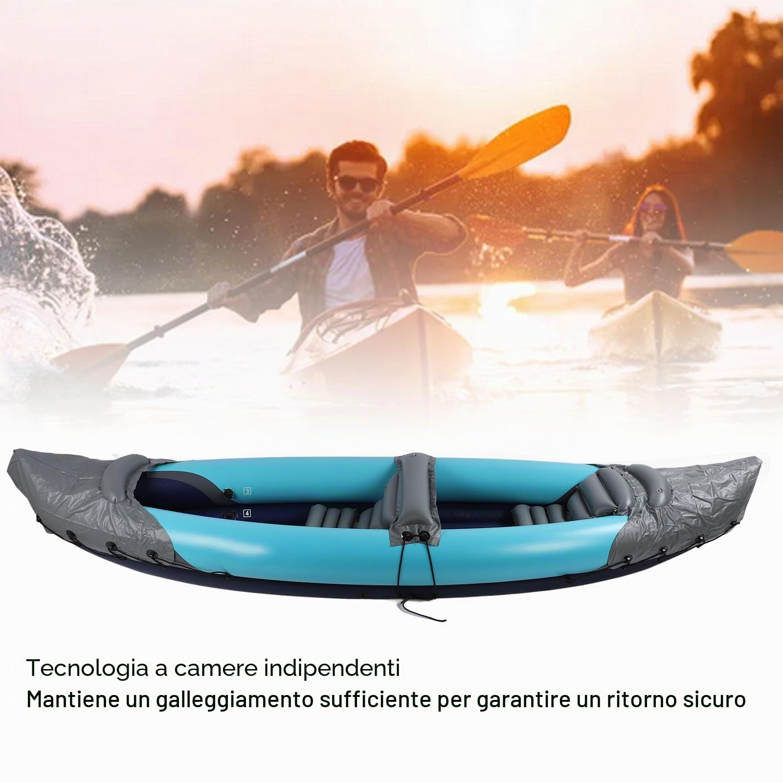 Kayak gonfiabile pieghevole per 2 persone, canoa in PVC resistente con protezione solare, fondo a strati spessi e camere d’aria indipendenti per rafting e pesca in barca