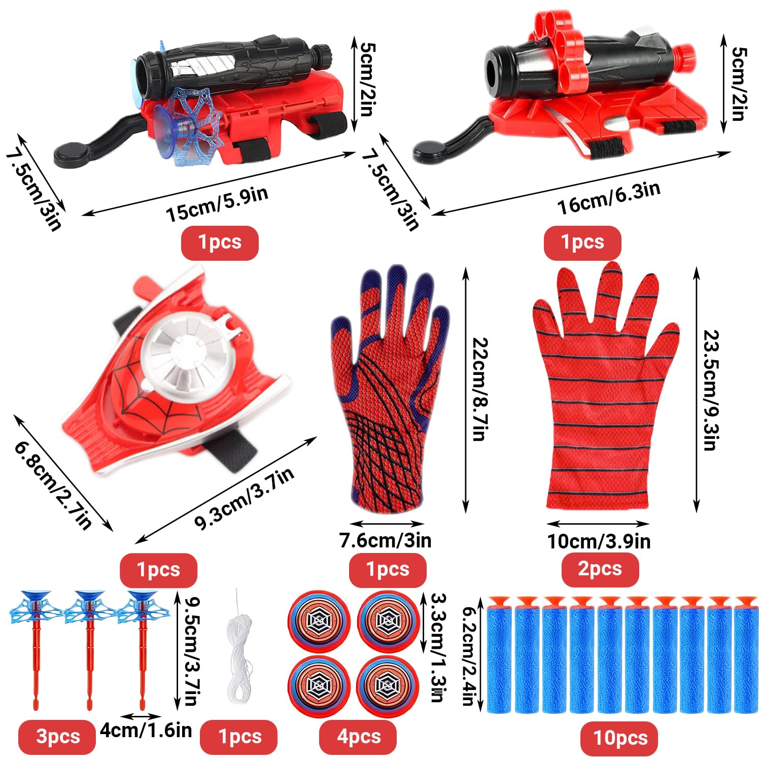 DAIREN 3 Set Spiderm Launcher Handschuh für Kinder,Spiderm Hero Handschuhe,Super Spider Launcher,Kids Spiderm Hero Handschuhe mit Saugnapf-Darts und Frisbee