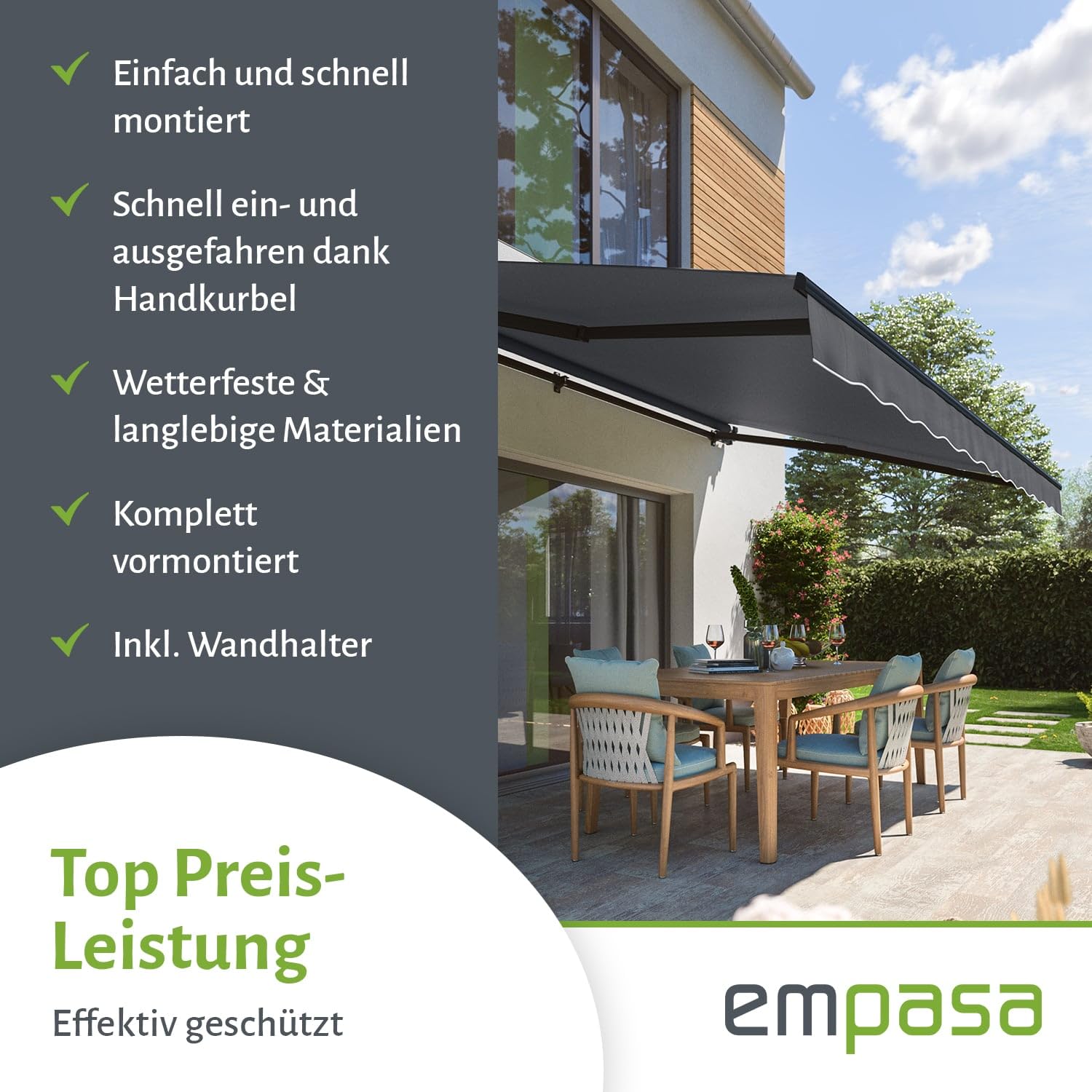 empasa manuelle Gelenkarmmarkise Markise Start Sonnenmarkise Sonnenschutz Alu/Polyester komplett vormontiert, in verschiedenen Größen und Farben, Farbe:anthrazit, Größe:300 x 250