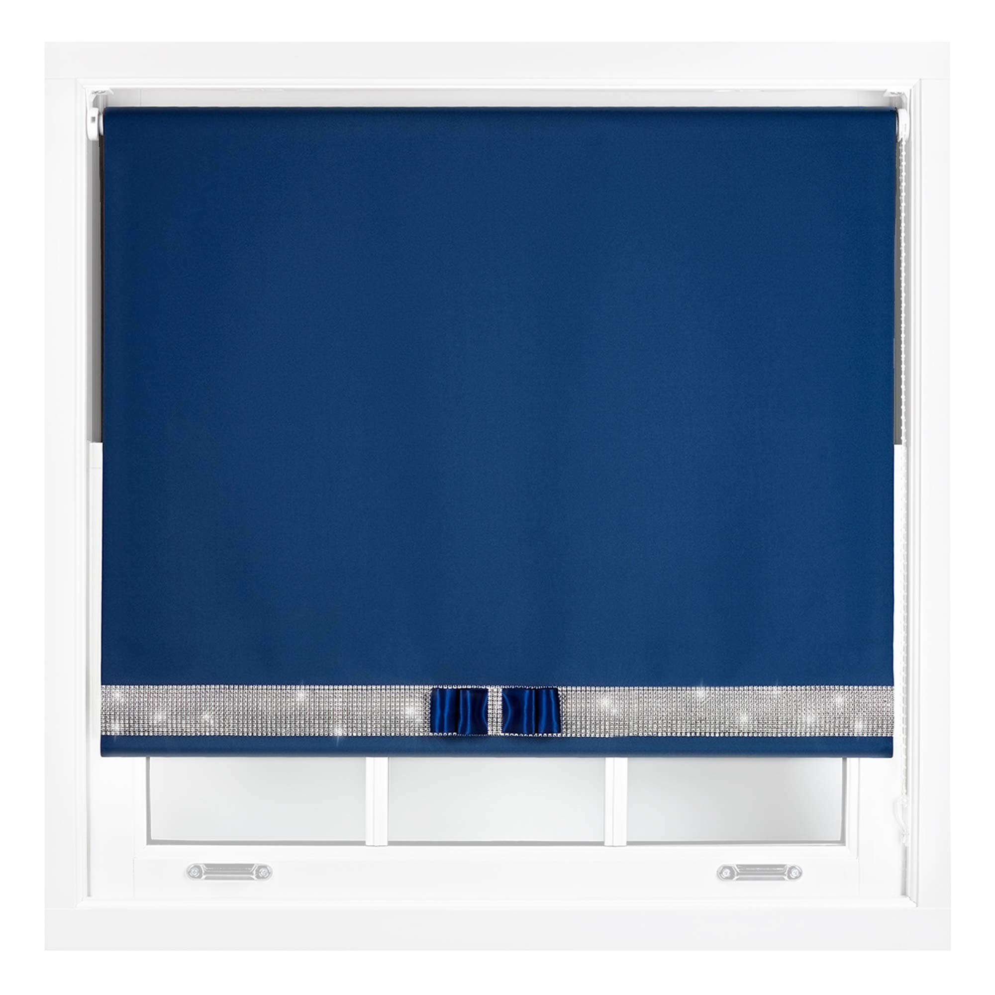 Furnished Navy Diamante Blackout Blinds With Bow - Decorative Diamond Sparkle Design Roller Blind Blue Cut To Size Up To 210W X 165L Cm
